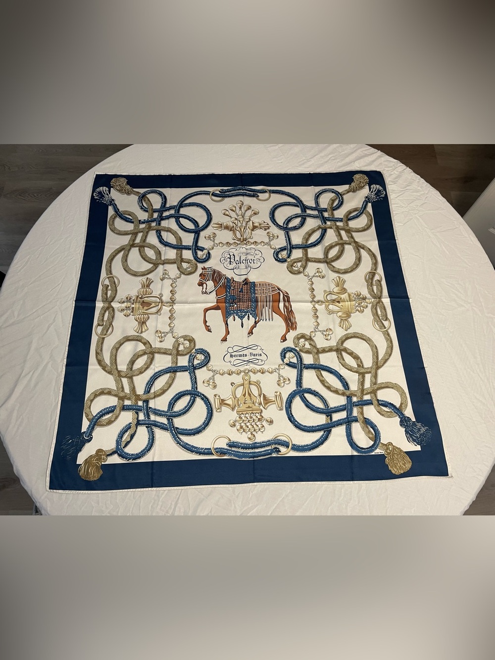 Hermès Navy Cream Gold Equestrian Silk Scarf 90 (carrè)